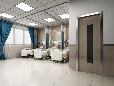 Modern Hospital Ward Interior With White Beds Blue Curtains And Wooden Door 3d model