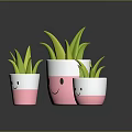Green Plants in Smiley Face Pink and White Pots of Different Sizes