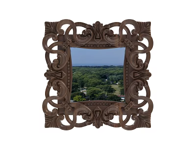 Ornate Carved Wooden Frame Mirror Reflecting Green Trees And Sea View 3d model