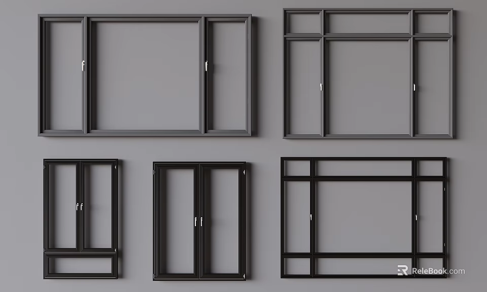 Black Frame Casement Windows With Various Design Styles For Home Use 3d model