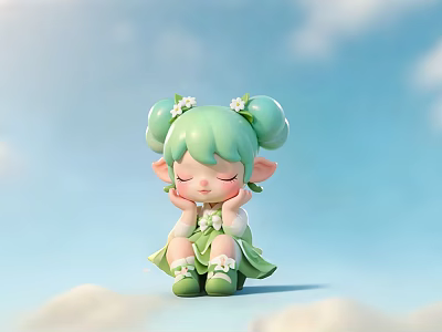 Cute Game Character With Light Green Double Buns Elf Ears White Flowers And Green Dress 3d model