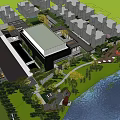 Modern Sales Office Building With Green Roof Black Exterior Near Water Parking Lot Yellow Cars