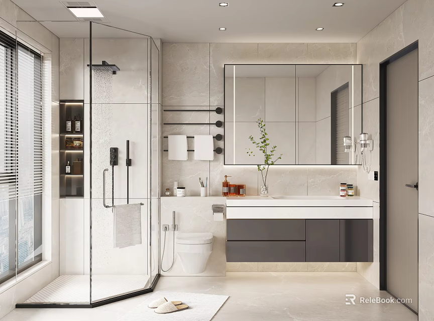 Modern Bathroom Interior Design With Glass Shower Enclosure Large Mirror And Vanity With Drawers 3d model 