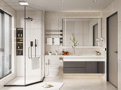 Modern Bathroom Interior Design With Glass Shower Enclosure Large Mirror And Vanity With Drawers 3d model