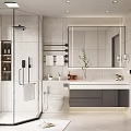 Modern Bathroom Interior Design With Glass Shower Enclosure Large Mirror And Vanity With Drawers