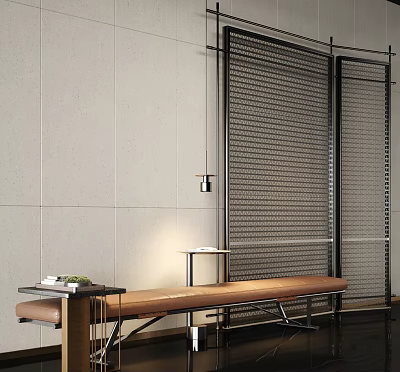 Modern Leather Bench With Metal Frame In Minimalist Interior With Slatted Partition And Pendant Light 3d model