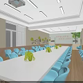 Spacious Conference Room With Long White Table Blue Chairs Green Plants And Bright Lighting