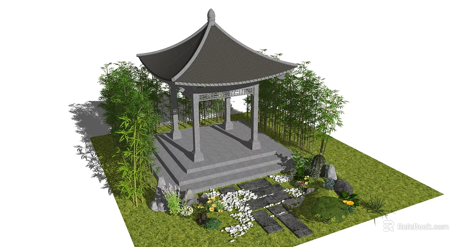 Traditional Chinese Pavilion Garden Design With Bamboo Flowers And Stone Steps 3d model 