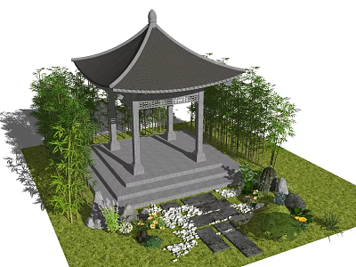 Traditional Chinese Pavilion Garden Design With Bamboo Flowers And Stone Steps 3d model