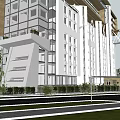 Modern Multi storey Building Exterior Featuring Glass Facade White Structure Pedestrian Bridge And Greenery