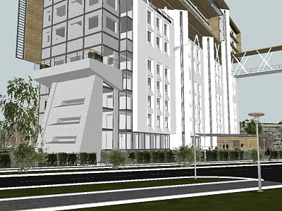 Modern Multi storey Building Exterior Featuring Glass Facade White Structure Pedestrian Bridge And Greenery 3d model