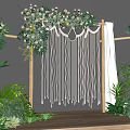 Elegant Floral Installation For Wedding With Wooden Frame Macramé Tassels White Drapes And Green Foliage