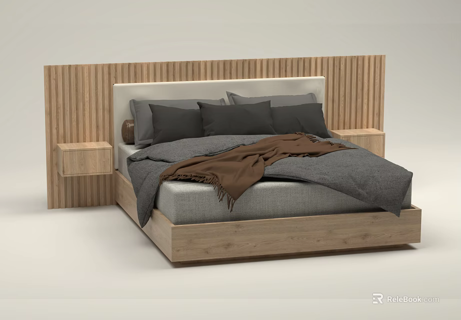 Double Bed With Wooden Vertical Striped Headboard Side Tables Gray Bedding And Brown Throw Blanket 3d model 