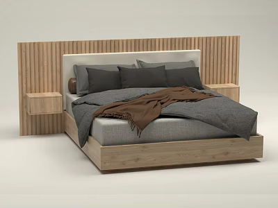 Double Bed With Wooden Vertical Striped Headboard Side Tables Gray Bedding And Brown Throw Blanket 3d model