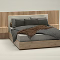 Double Bed With Wooden Vertical Striped Headboard Side Tables Gray Bedding And Brown Throw Blanket