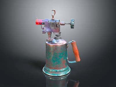 Vintage Metal Blowtorch Weapon with Copper Green Patina and Wooden Handle Cylindrical Design 3d model