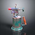 Vintage Metal Blowtorch Weapon with Copper Green Patina and Wooden Handle Cylindrical Design