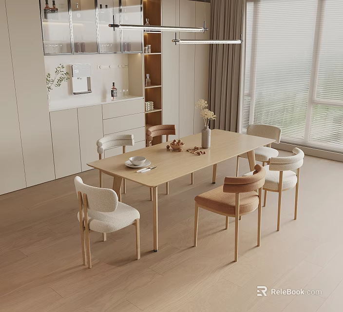 Minimalist Wooden Dining Table Set With Six Chairs And Vase In Modern Dining Room 3d model 