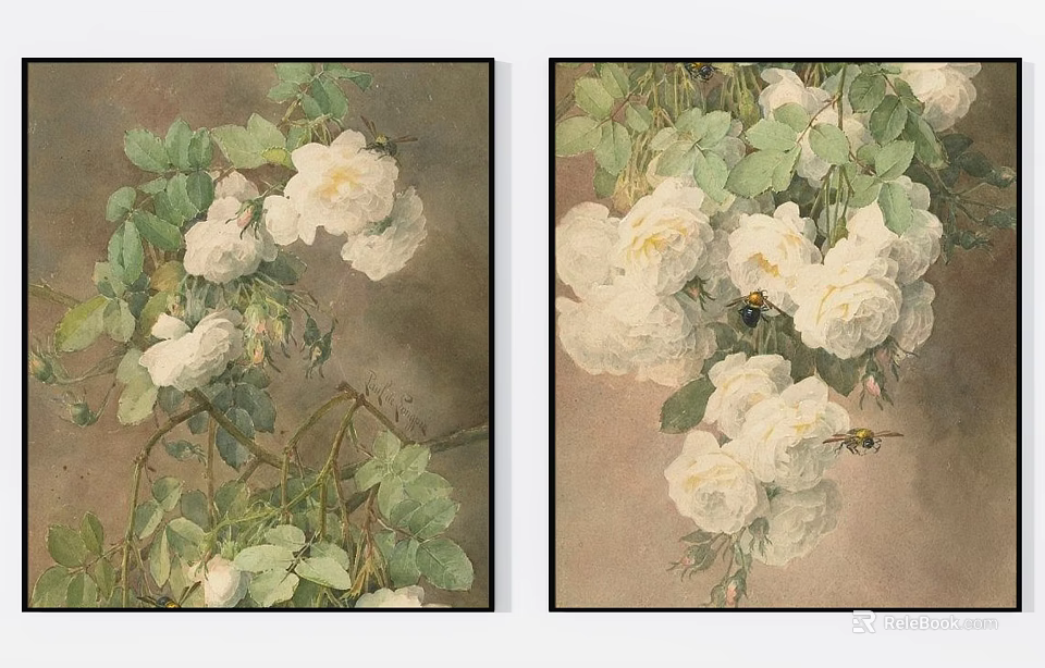 Botanical Paintings Of White Roses With Green Leaves And Bee Details 3d model 