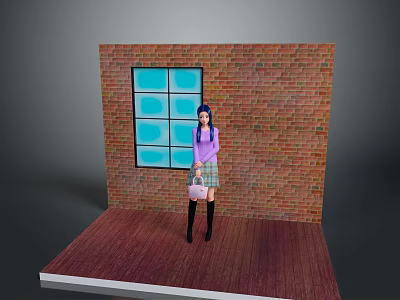 Woman In Purple Top Plaid Skirt With Pink Handbag By Brick Wall Window Wooden Floor 3d model