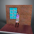 Woman In Purple Top Plaid Skirt With Pink Handbag By Brick Wall Window Wooden Floor