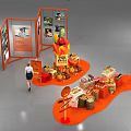 Retail Display Stand With Orange Structure Fruits Beverages Wooden Crates Posters And Green Plants