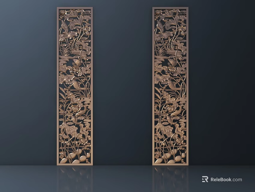 Golden Carved Screens With Floral And Bird Patterns Against Dark Background With Clear Reflections 3d model 