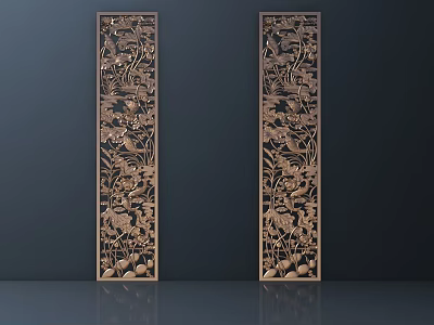 Golden Carved Screens With Floral And Bird Patterns Against Dark Background With Clear Reflections 3d model