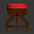 Vintage Wooden Stool With Round Red Cushion White Dots And Carved Legs