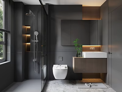 Modern Bathroom Interior With Gray Tones Glass Shower Smart Toilet Wooden Vanity And Recessed Lighting 3d model