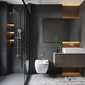 Modern Bathroom Interior With Gray Tones Glass Shower Smart Toilet Wooden Vanity And Recessed Lighting