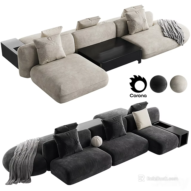 Modular Sectional Sofa In Light And Dark Gray With Plush Pillows Soft Blanket And Side Table 3d model