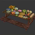 Wooden Picnic Table With Assorted Food Including Roast Chicken Cheese Fruits And Breads