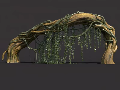 Natural Tree Root Archway With Hanging Green Vines And Mossy Details 3d model
