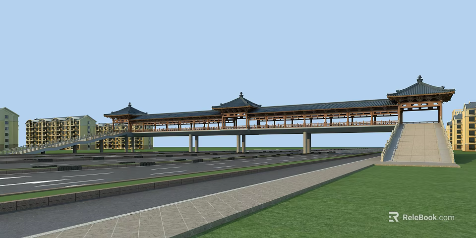 Traditional Chinese Covered Bridge With Wooden Pavilions Over Road Near Green Lawn And Parking Area 3d model 