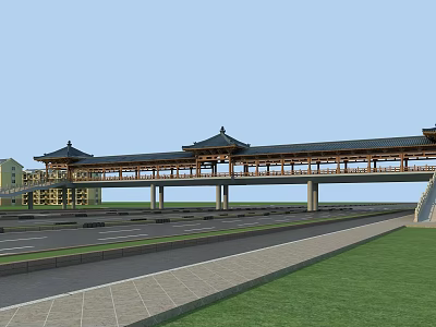 Traditional Chinese Covered Bridge With Wooden Pavilions Over Road Near Green Lawn And Parking Area 3d model