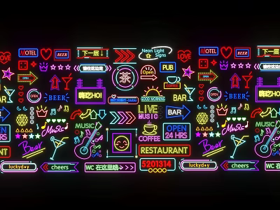 Neon Decorative Lights for Bar Restaurant with Music Drinks Hearts Stars Design 3d model