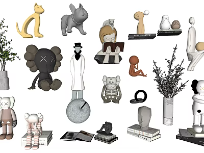 Decorative Ornament Collection With Animal Figurines Cartoon Character Dolls Humanoid Statues Vases And Potted Plants 3d model