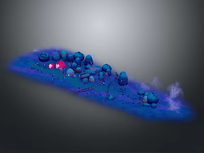 3D Game and Movie Characters in Vibrant Scene With Blue Pink Figures and Smoke Elements 3d model