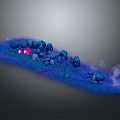 3D Game and Movie Characters in Vibrant Scene With Blue Pink Figures and Smoke Elements