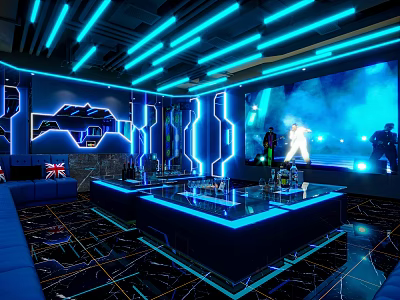 Modern KTV Interior With Blue Neon Lighting Large Screen And Comfortable Sofa 3d model
