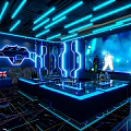 Modern KTV Interior With Blue Neon Lighting Large Screen And Comfortable Sofa