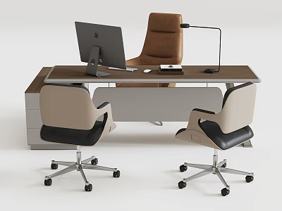 Modern Office Desk Setup With Computer Monitor Desk Lamp And Ergonomic Chairs 3d model