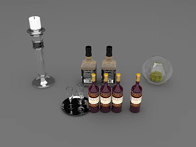 Wine Bottles And Glasses With Candle Holder And Glass Decanter On Gray Surface 3d model