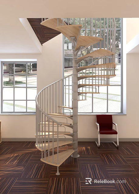 Spiral Staircase with Metal Railings Wooden Steps and Red Chair by Large Windows Street Trees 3d model 