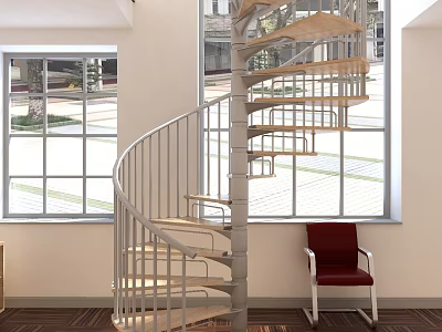 Spiral Staircase with Metal Railings Wooden Steps and Red Chair by Large Windows Street Trees 3d model
