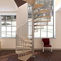 Spiral Staircase with Metal Railings Wooden Steps and Red Chair by Large Windows Street Trees