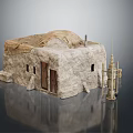 Traditional Adobe House Model With Tower Structure And Clay Pot