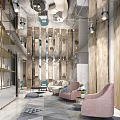 Elegant Modern Interior Lounge Area With Wooden Walls Pink Armchairs Ceiling Decor And Patterned Rug