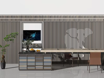 Modern Display Cabinet Shelf With Vertical Stripes And Potted Plant In Contemporary Interior 3d model